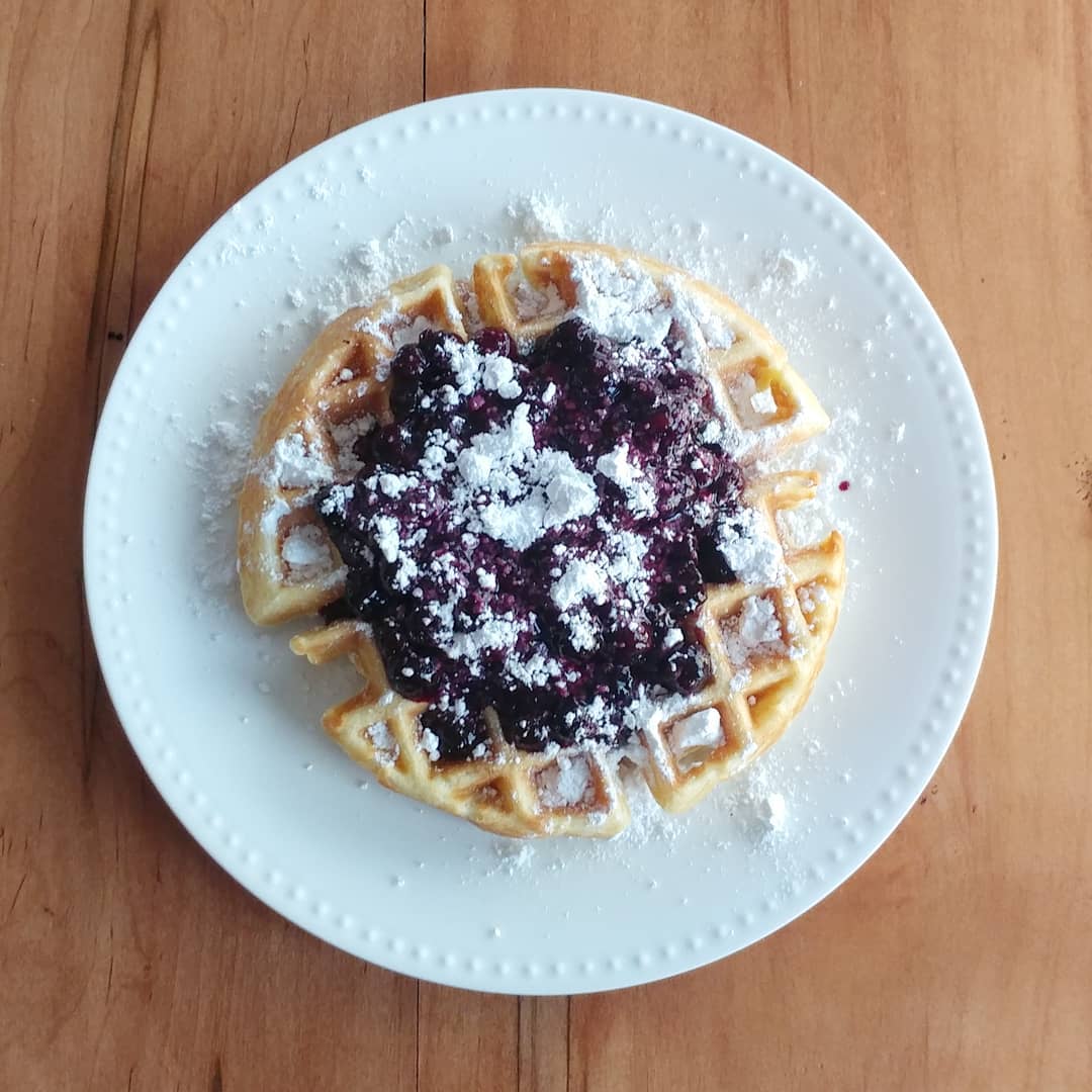 Last year's blueberries are today's waffle topping! I have to get through the stockpile in the freezer before we start harvesting again. Anyone else have more blueberry bushes than are strictly reasonable? Anyone want to come pick-your-own in about 90 days?