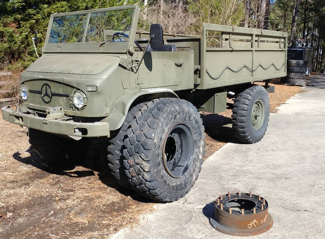 I won't be the first 404 Unimog running 46in tires but I think I'll be breaking new ground with these military two piece wheels. Should be about the heaviest wheel and tire combo available... Shipping weight for 5 wheels and tires was just over 1600lb and that's before I make adapter plates and add probably 75lb of nuts and bolts. I'll probably never see 55mph again till I'm running some boost.